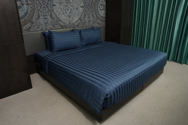 Navy Blue, 500TC, Stripes Bedsheet Set