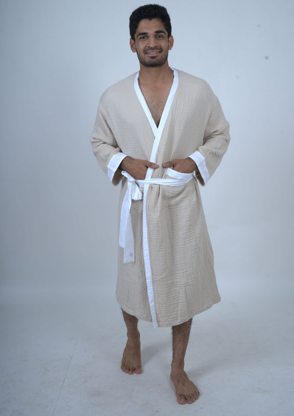 Unisex Luxury Muslin Bath Robe - Beige