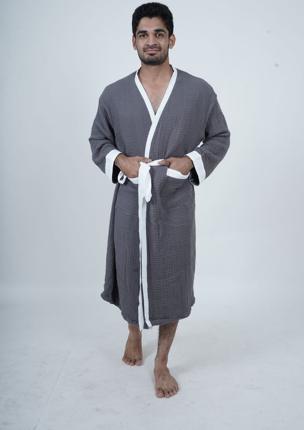 Unisex Luxury Muslin Bath Robe - Charcoal Grey